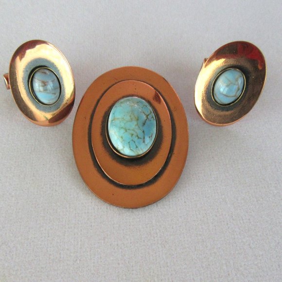 Vintage copper & turquoise brooch/pendant & cufflink set - unisex -MCM to Modern - Picture 6 of 9